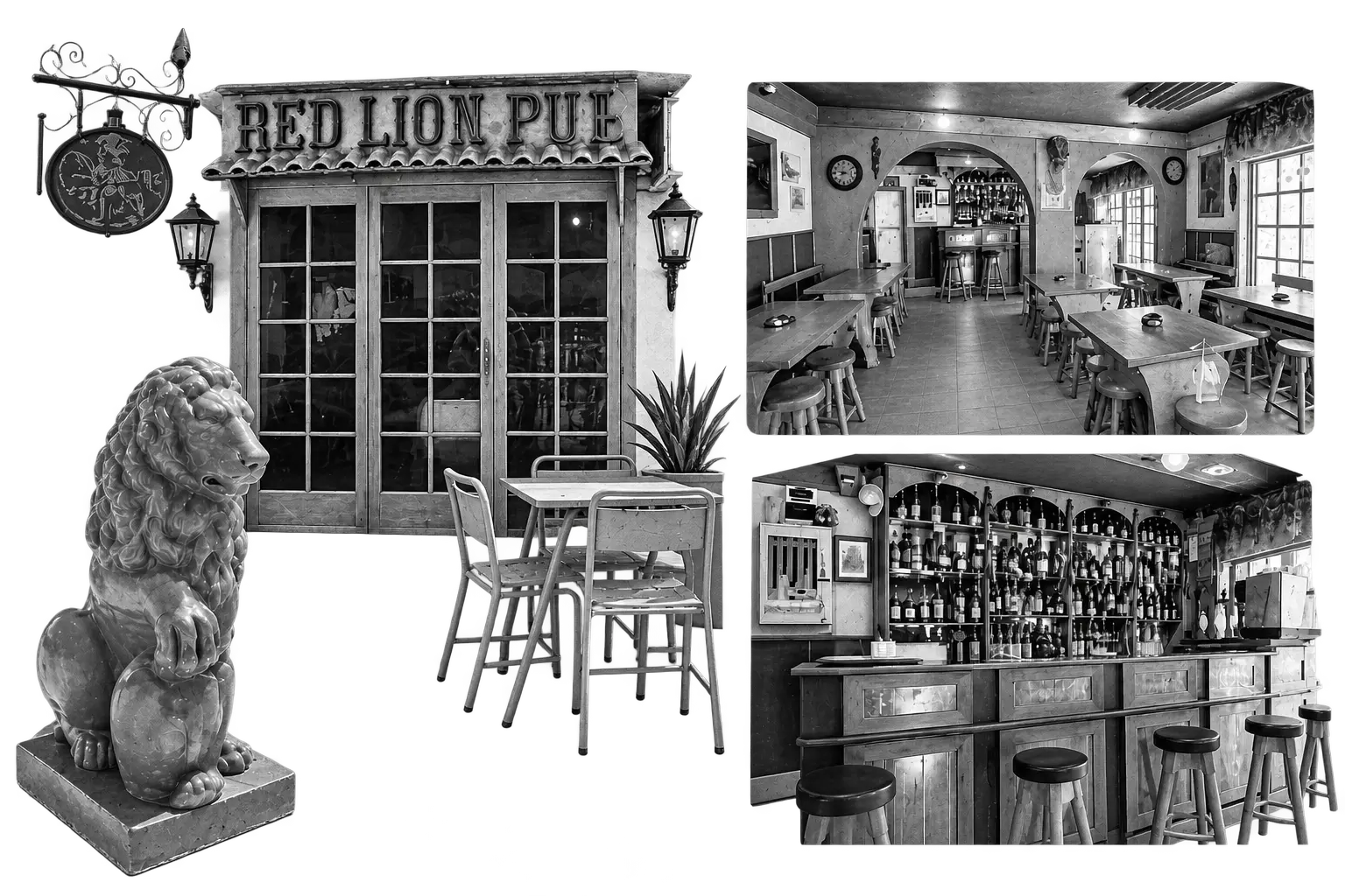The Red Lion Pub on 400, Tourist Street — the frontage and its sign, the stone lion at the door, the dining room and the bar